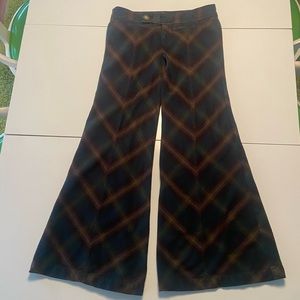 Free People Anthropologie green teal plaid flare pants 6 8